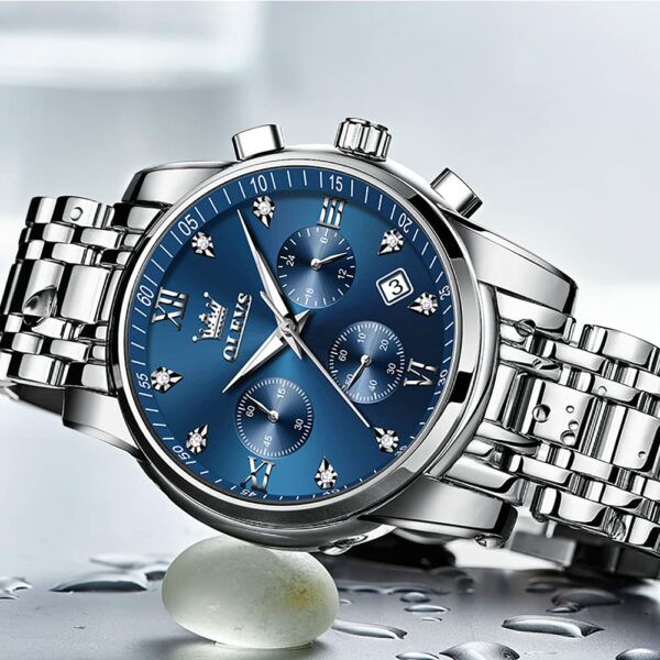 OLEVS Men Diamond Chronograph Watch Blue Dial Roman Numerals Stainless Steel Quartz Date Luminous Water Resistant