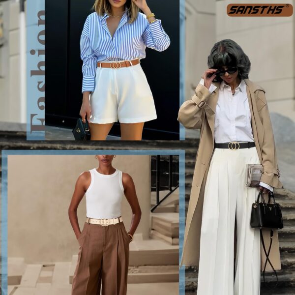 SANSTHS 3 Pack Women Waist Belts Jeans Pants Dresses Double O-Ring Gold Buckle Black Brownown+Beige M