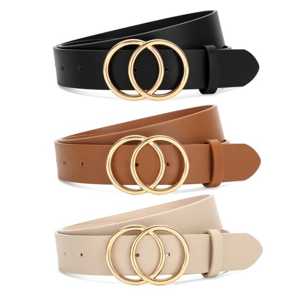 SANSTHS 3 Pack Women Waist Belts Jeans Pants Dresses Double O-Ring Gold Buckle Black Brownown+Beige M