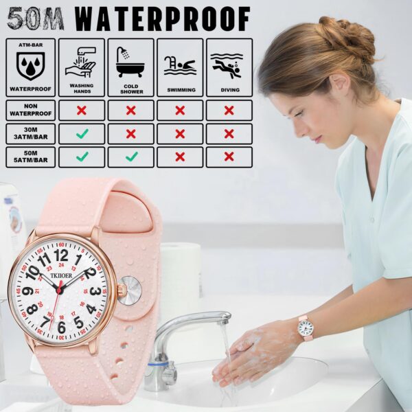 TKIIOER Nurse Watch Medical Professionals Students Women Men 50M Waterproof Military Time Luminous Easy Read Dial Pink