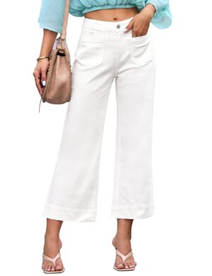 luvamia Women Wide Leg Jeans High Waisted Flare Cropped Stretchy Baggy Patch Pockets White 10