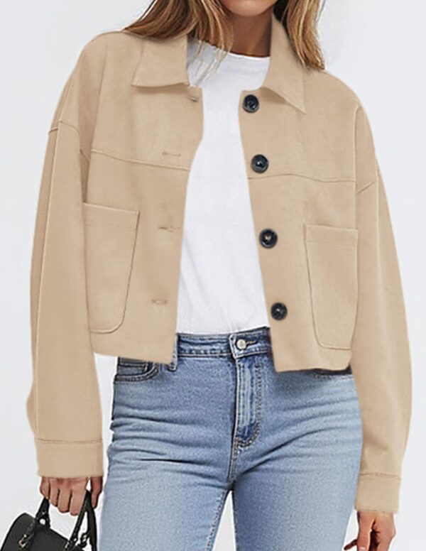 PRETTYGARDEN Women Faux Suede Cropped Jacket Lightweight Fall Winter Outerwear Beige M