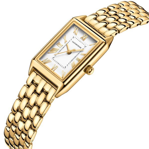 GAOFAN HOUR Women Gold Watch Vintage Rectangular Case White Roman Dial Stainless Steel Water Resistant