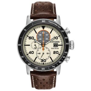 81-K8IkjzVL Citizen Men Eco-Drive Brycen Chronograph Watch Stainless Steel Brown Leather Strap Ivory Dial CA0649-06X