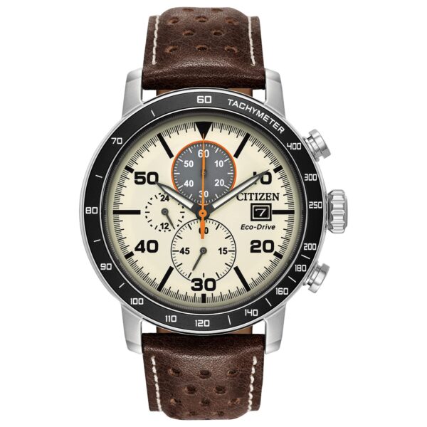 Citizen Men Eco-Drive Brycen Chronograph Watch Stainless Steel Brown Leather Strap Ivory Dial CA0649-06X