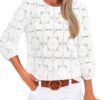 Sampeel Women Dressy Casual Blouses Lace Eyelet Boho Short Sleeve Tops Work Vacation White L