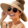 FURTALK Women Wide Brim Straw Sun Visor Hat Ponytail Packable Foldable Travel UPF Khaki