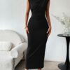 BTFBM Women Ruched Bodycon Maxi Dress Sleeveless Slit Cocktail Wedding Guest Black M