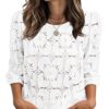 Sampeel Women Dressy Casual Blouses Lace Eyelet Boho Short Sleeve Tops Work Vacation White L