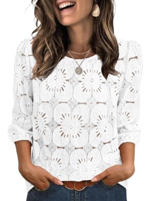 Sampeel Women Dressy Casual Blouses Lace Eyelet Boho Short Sleeve Tops Work Vacation White L