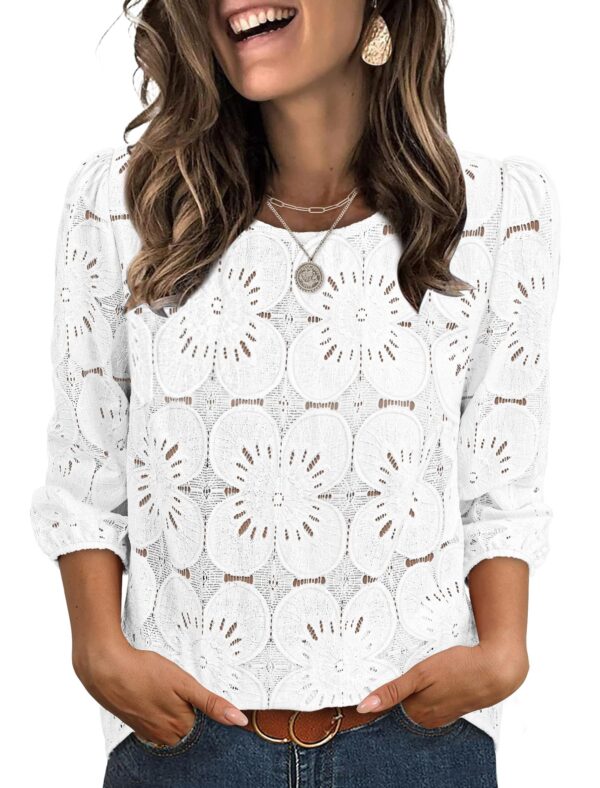 Sampeel Women Dressy Casual Blouses Lace Eyelet Boho Short Sleeve Tops Work Vacation White L