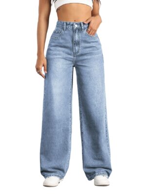 Mars Power Women Straight Leg Jeans High Waisted Wide Leg Stretchy Boyfriend Baggy Denim Light Blue S