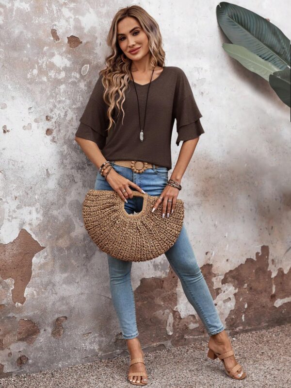 Sialois Women V Neck 3/4 Sleeve Top Ruffle Blouse Spring Summer Fashion Tunic Coffee Brown Large