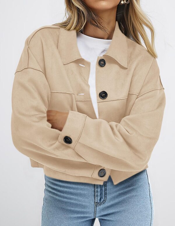 PRETTYGARDEN Women Faux Suede Cropped Jacket Lightweight Fall Winter Outerwear Beige M