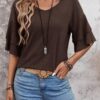 Sialois Women V Neck 3/4 Sleeve Top Ruffle Blouse Spring Summer Fashion Tunic Coffee Brown Large