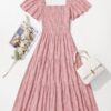 ZESICA Women Summer Boho Floral Midi Dress Short Sleeve Square Neck Beach Vacation Pink M
