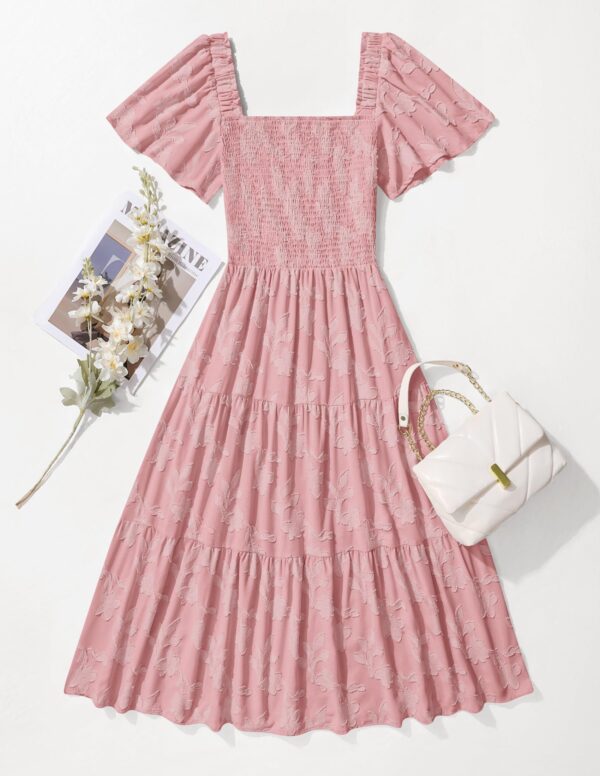 ZESICA Women Summer Boho Floral Midi Dress Short Sleeve Square Neck Beach Vacation Pink M