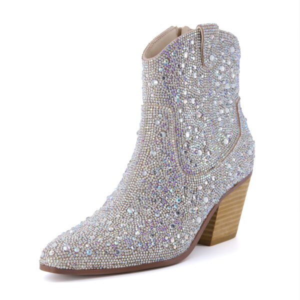 CUSHIONAIRE Bravo Rhinestone Western Cowboy Ankle Boots Women Memory Foam Wide Silver 9W