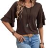 Sialois Women V Neck 3/4 Sleeve Top Ruffle Blouse Spring Summer Fashion Tunic Coffee Brown Large