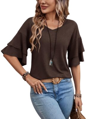 Sialois Women V Neck 3/4 Sleeve Top Ruffle Blouse Spring Summer Fashion Tunic Coffee Brown Large