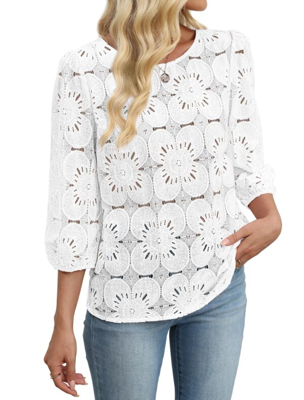 Sampeel Women Dressy Casual Blouses Lace Eyelet Boho Short Sleeve Tops Work Vacation White L